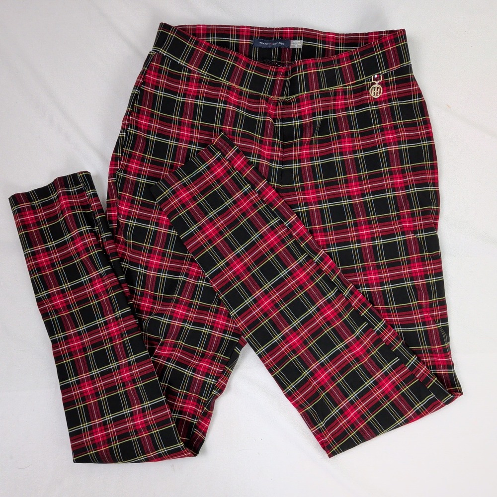 Statement Red Plaid Tartan Skinny Pull On Pants Womens 10 Stretchy Grunge 90s
